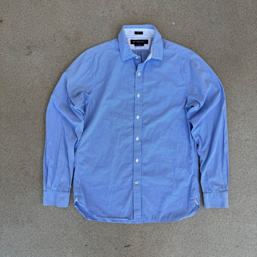 American Eagle Slim Mens Small Button Down - Blue Pinstripe Long Sleeve